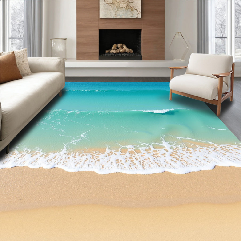Turquoise Ocean Wave Shoreline Landscape Rug