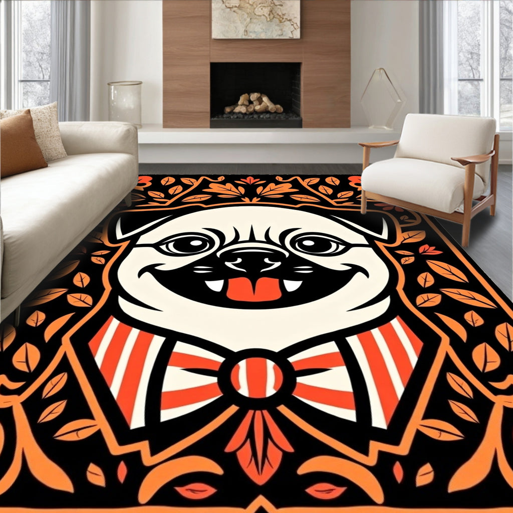 Whimsical Pug Portrait Orange Floral Border Rug