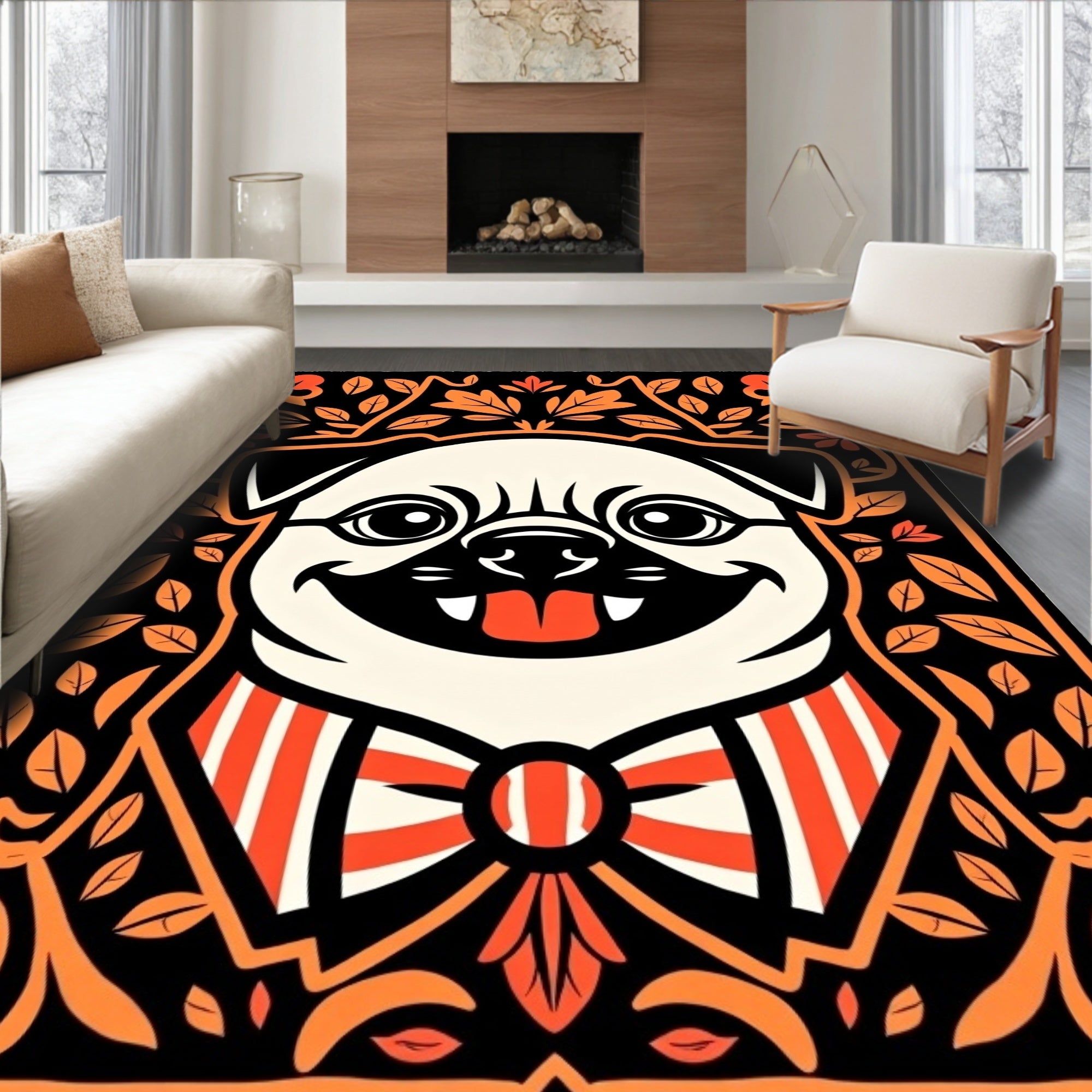 Whimsical Pug Portrait Orange Floral Border Rug