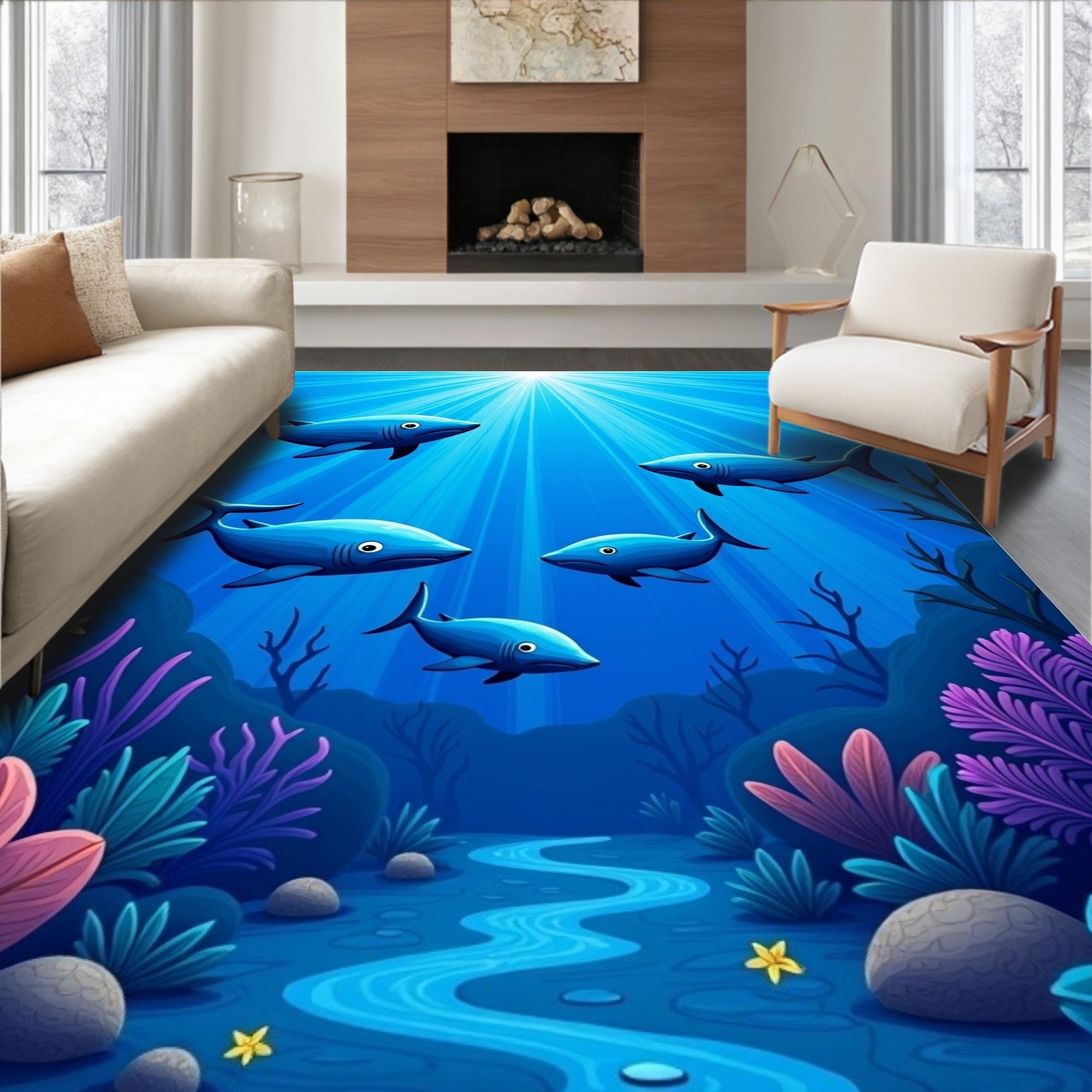 Blue Sharks Underwater Sunbeam Ocean Scene Rug