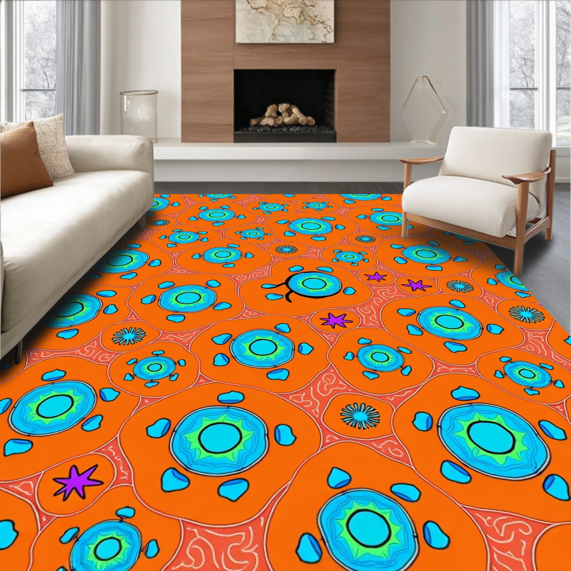 Bright Orange Cyan Starbursts Medallions Rug