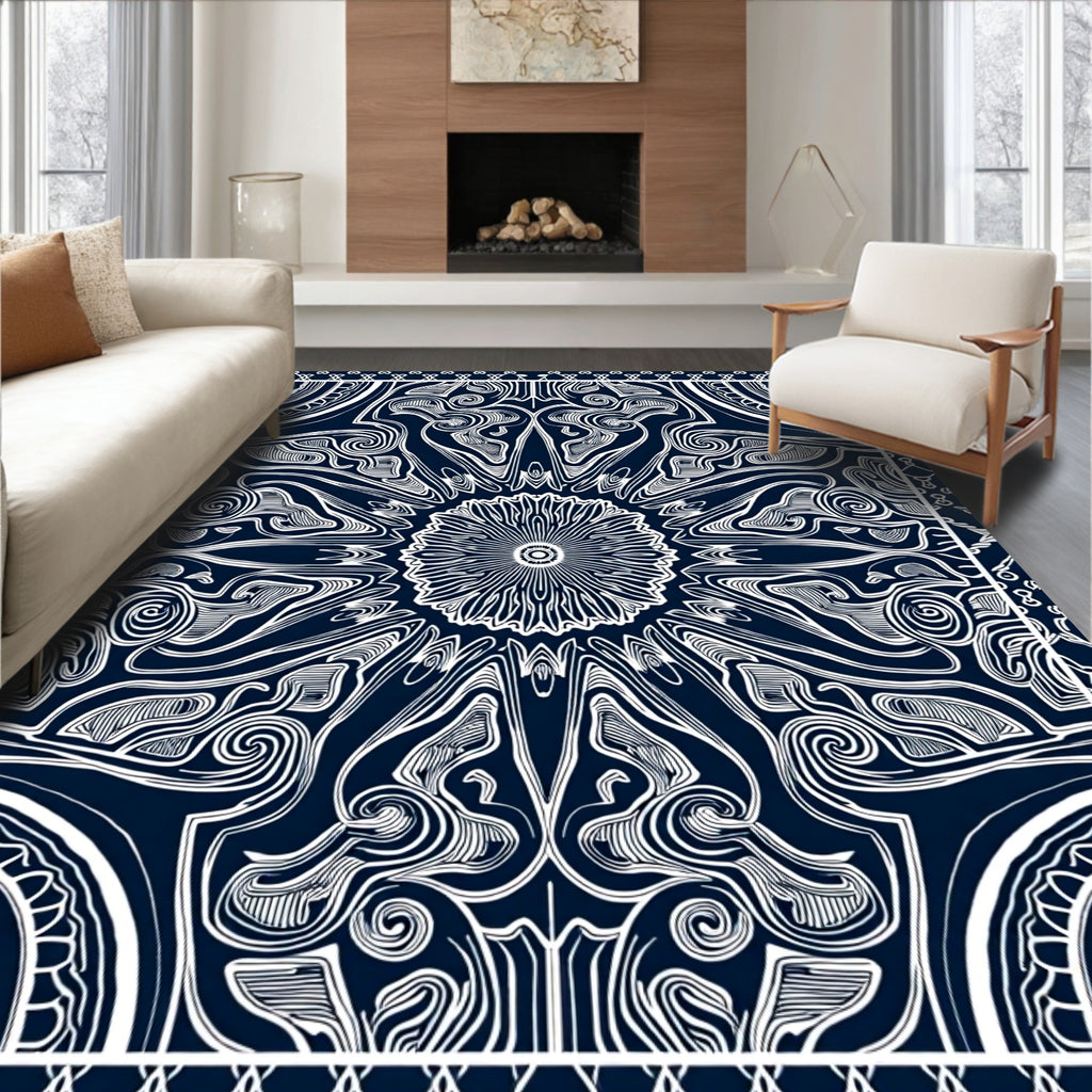Ornate Indigo White Floral Scroll Rug