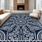 Ornate Indigo White Floral Scroll Rug