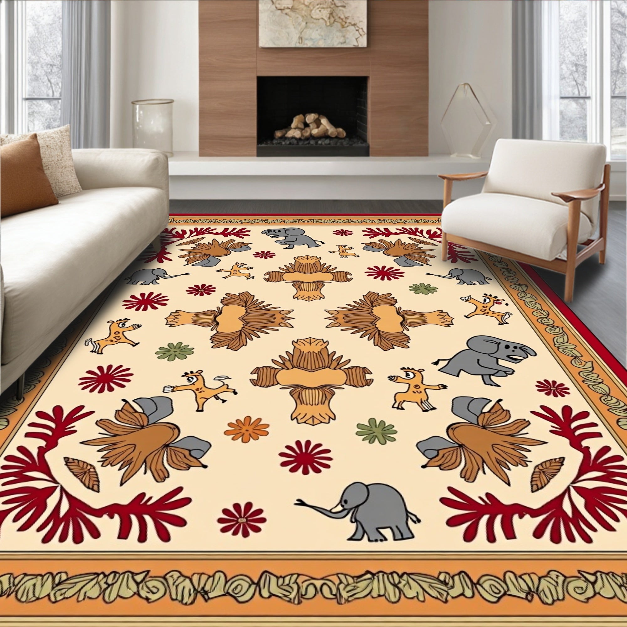 Joyful Safari Animals Khaki Border Rug