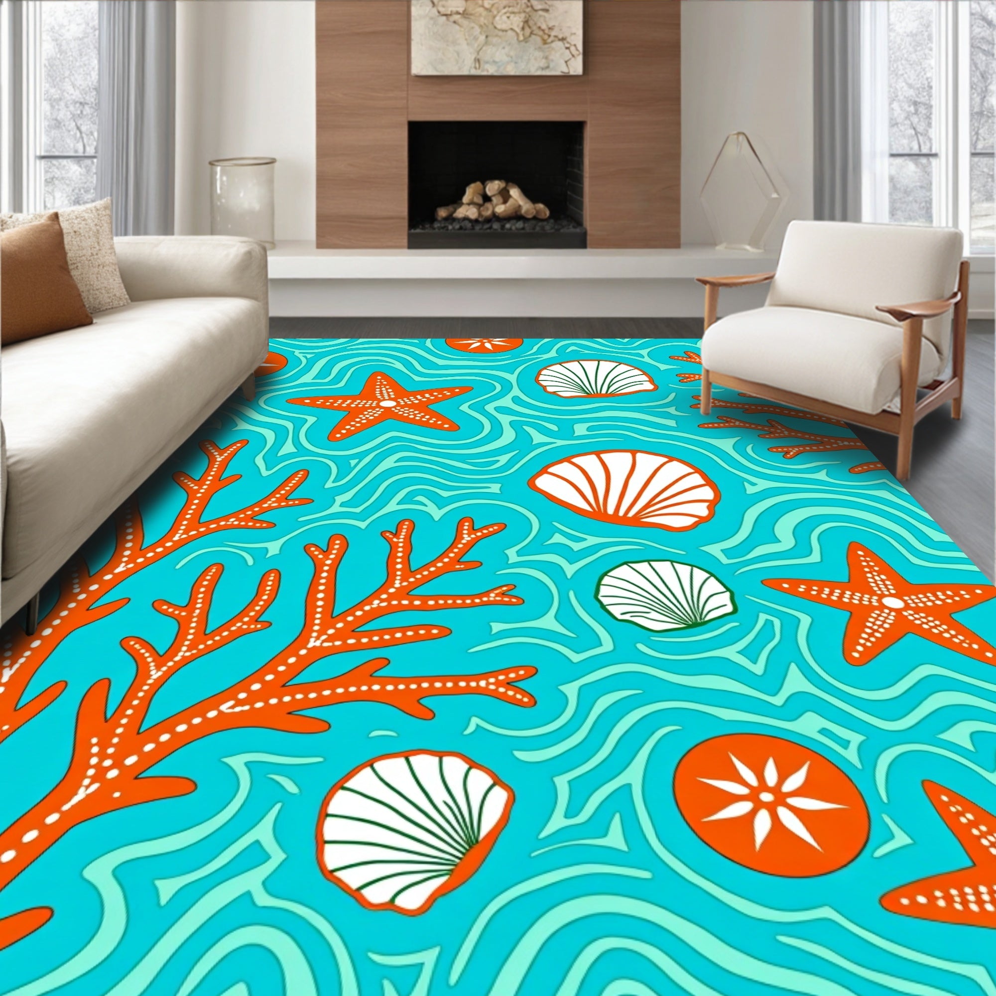 Orange Coral Starfish Sea Life Rug