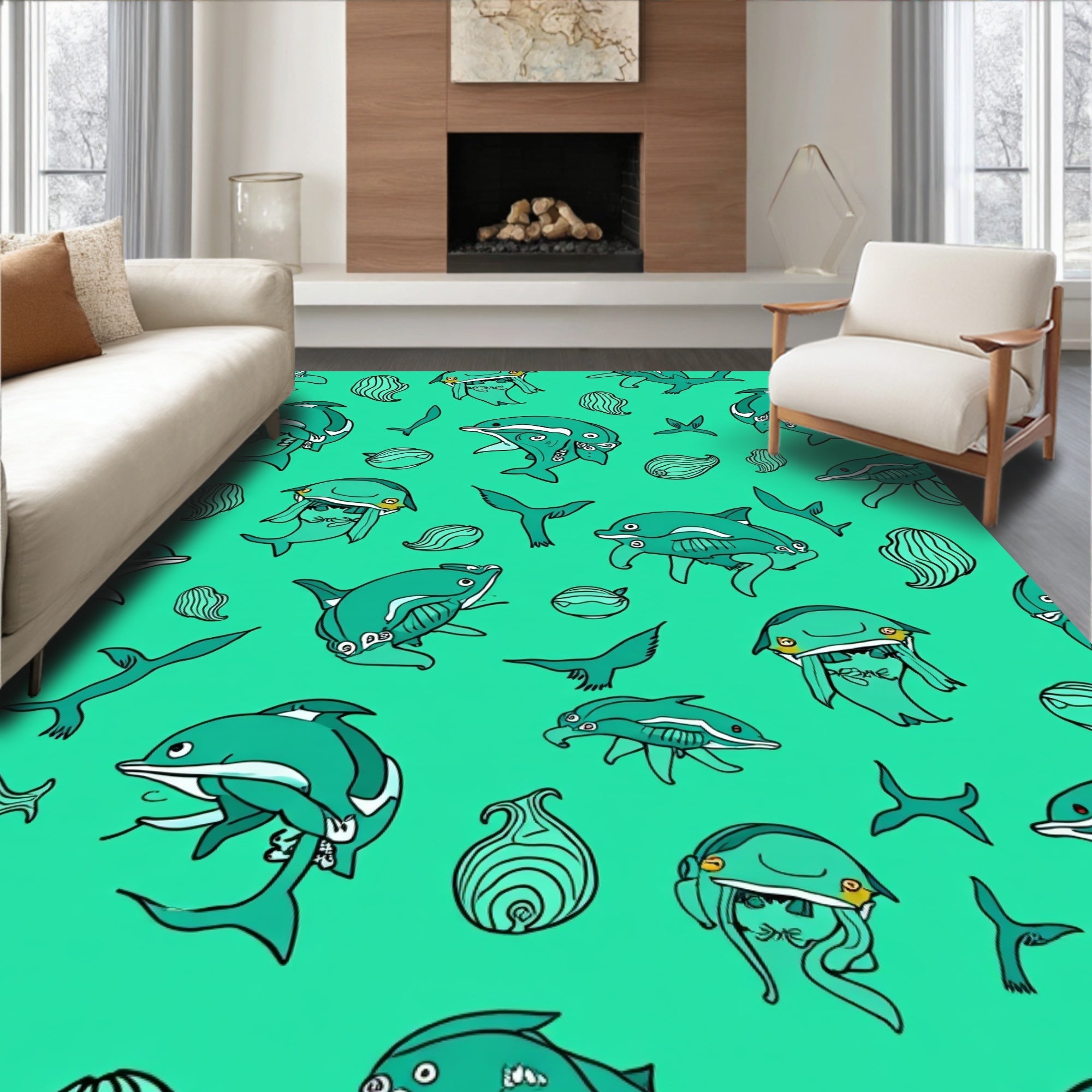 Whimsical Teal Dolphin Marine Life Rug