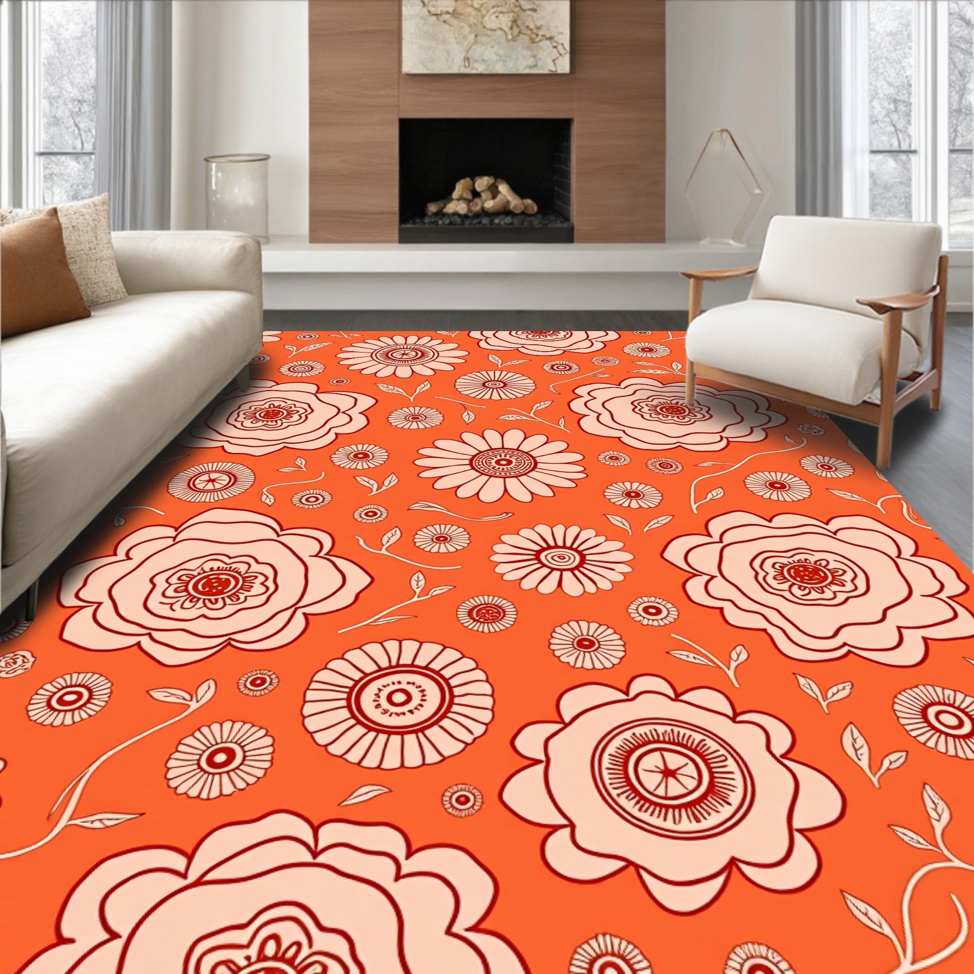 Coral Red Floral Medallion Garden Rug