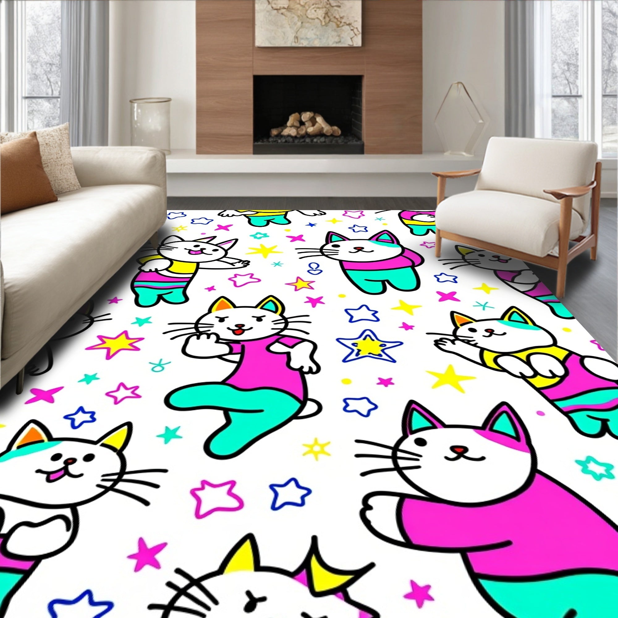 Vibrant Kitty Stars And Shapes Rug