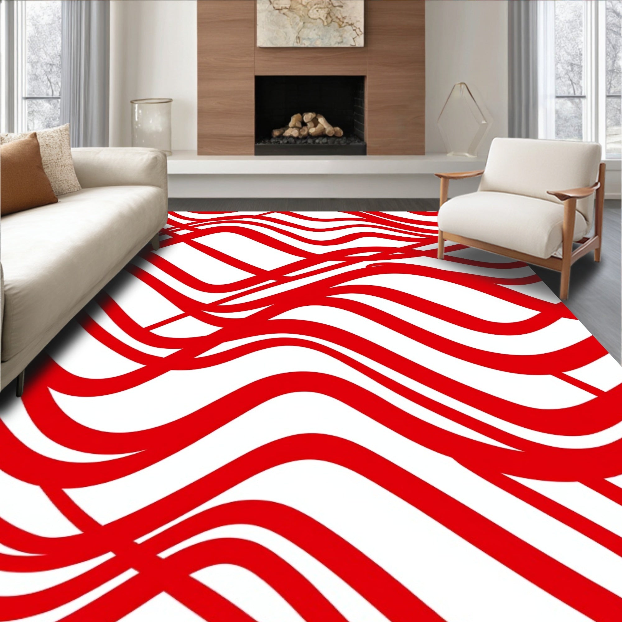 Crimson Abstract Swirl Lines Rug
