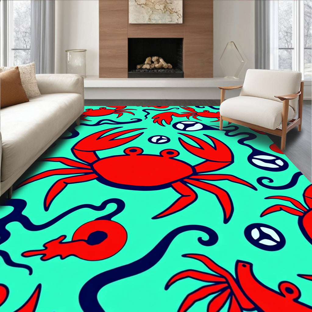 Red Crab Aqua Swirly Sea Art Rug
