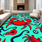 Red Crab Aqua Swirly Sea Art Rug
