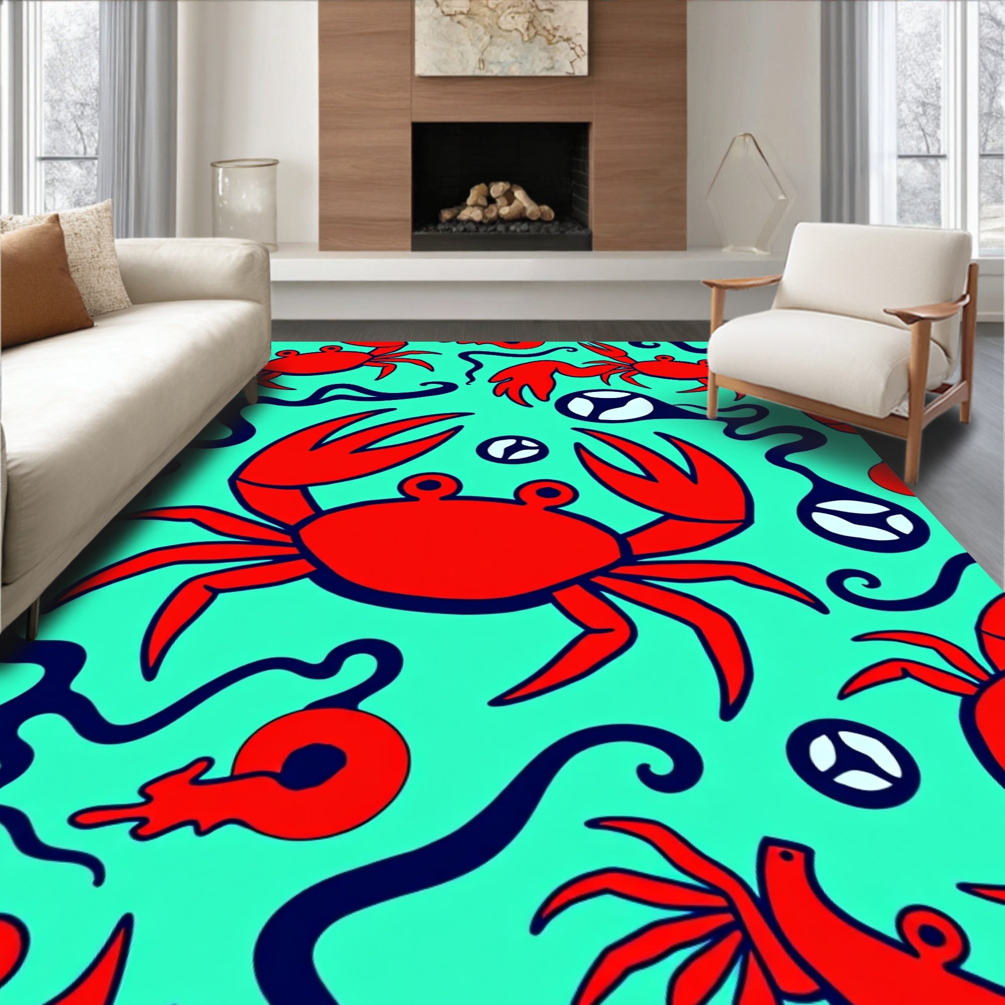 Red Crab Aqua Swirly Sea Art Rug