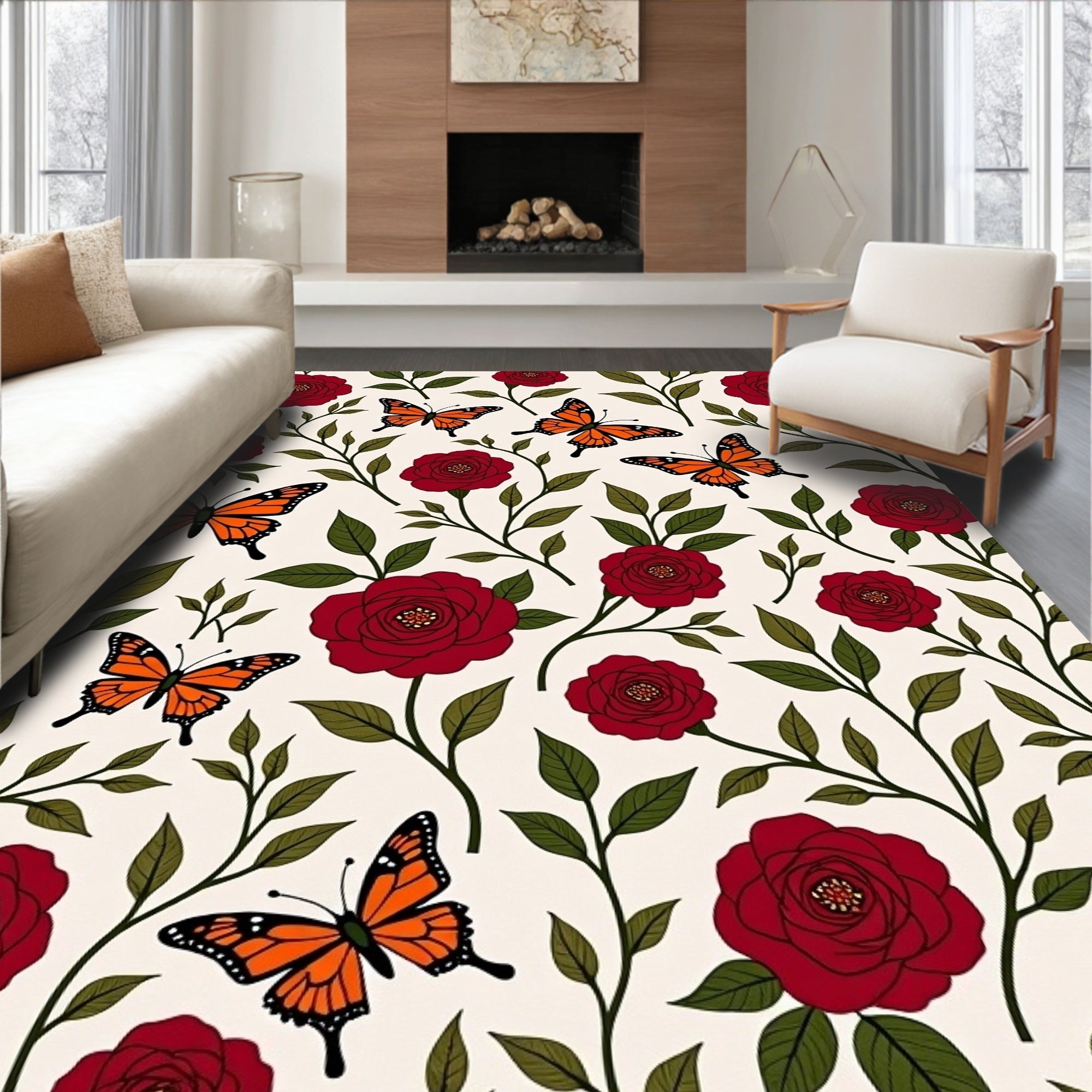Red Rose Butterfly Garden Whimsical Rug