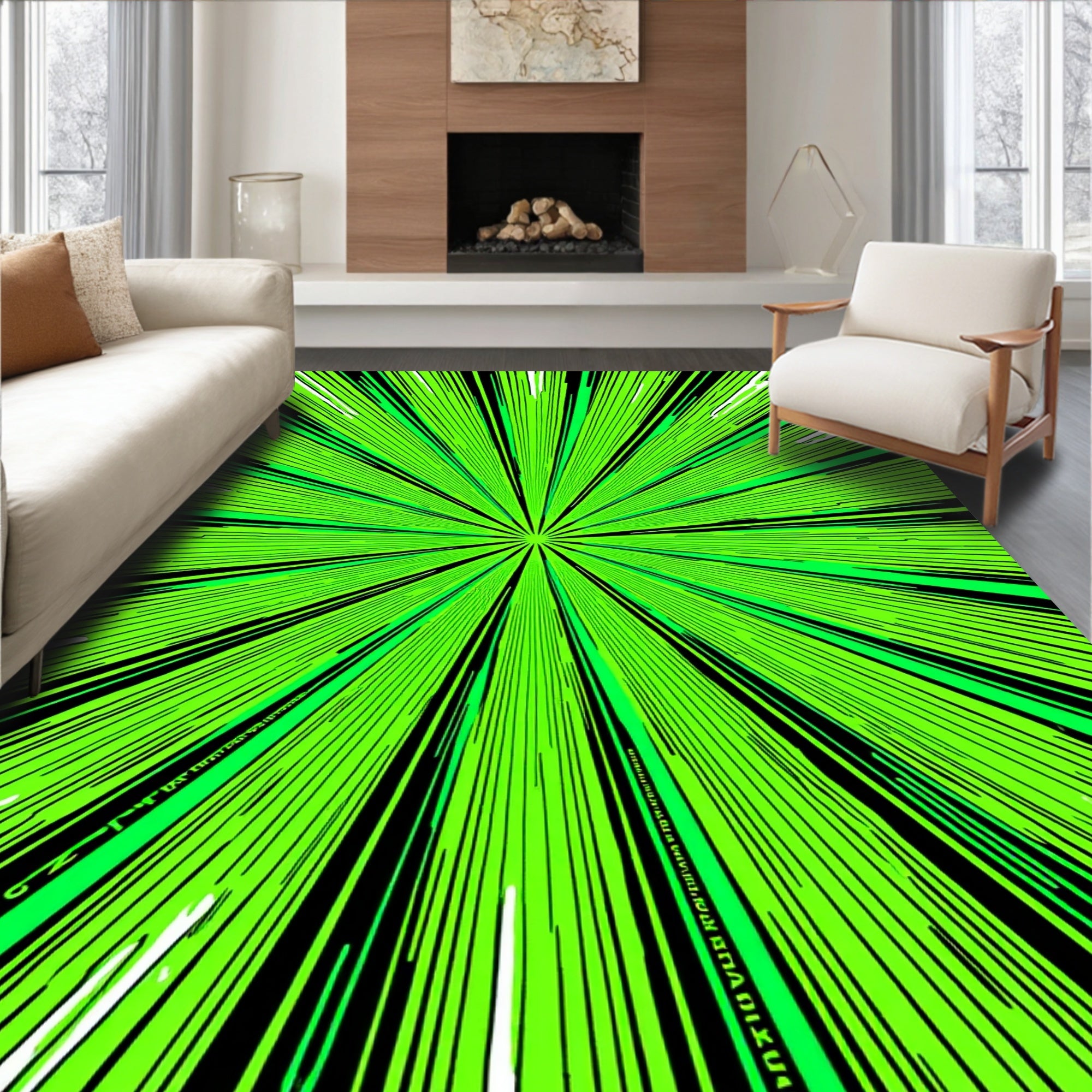 Vibrant Lime Burst Radial Lines Rug