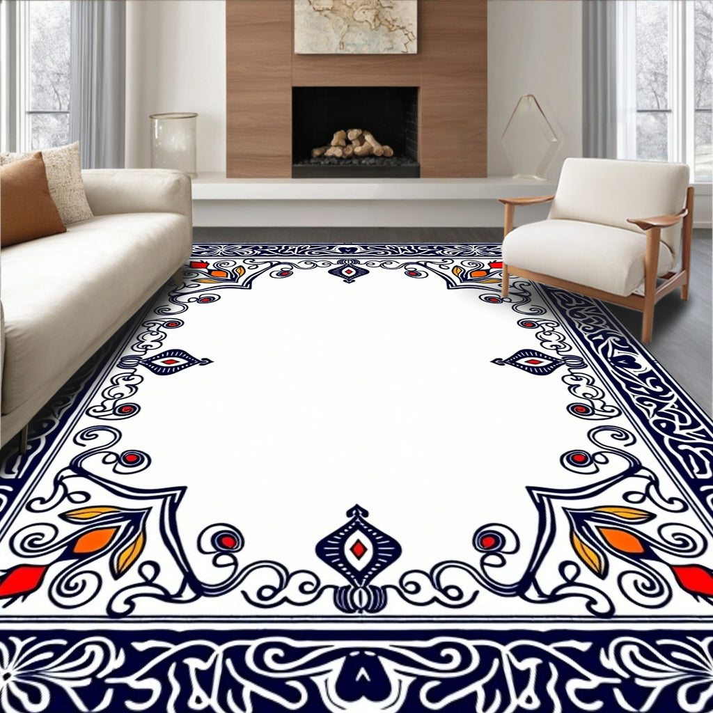 Ornate Blue Red Floral Border Rug