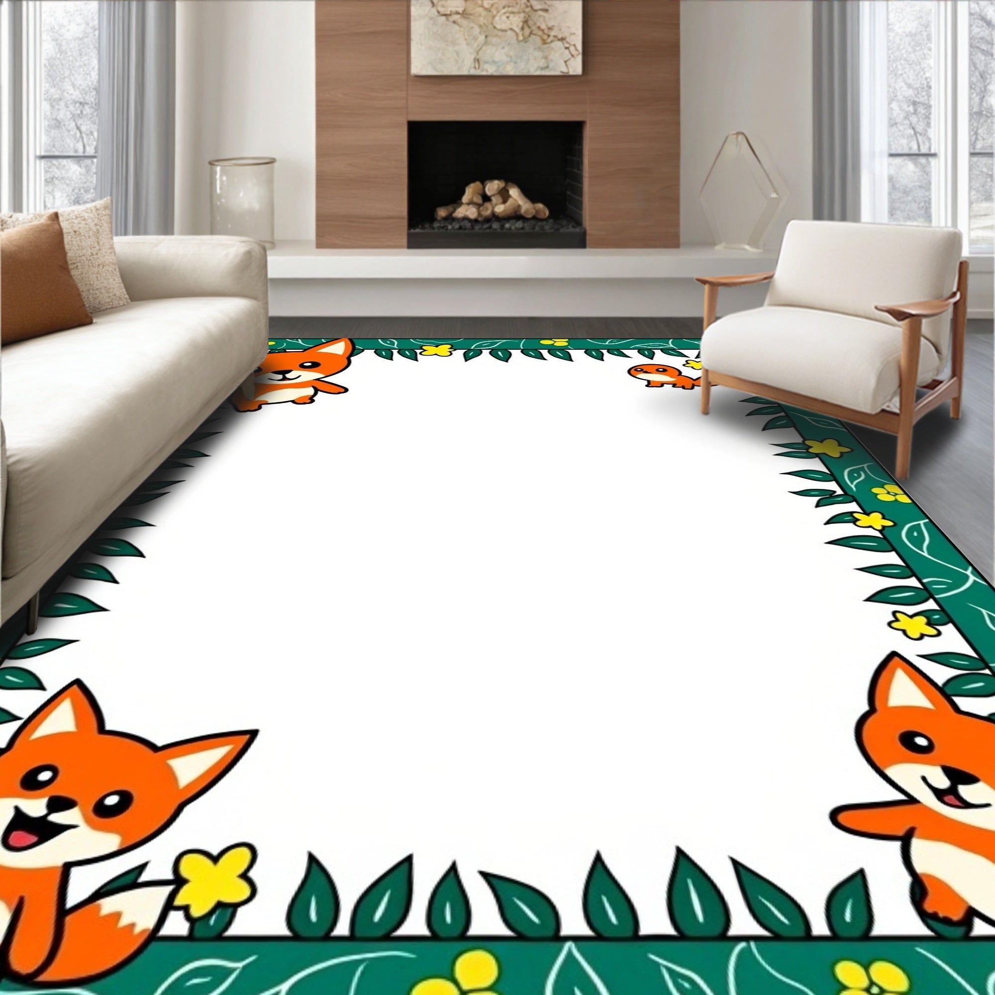 Happy Orange Foxes Green Foliage Border Rug