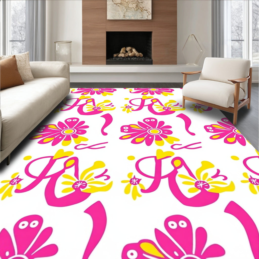 Whimsical Pink Yellow Floral Swirls Rug