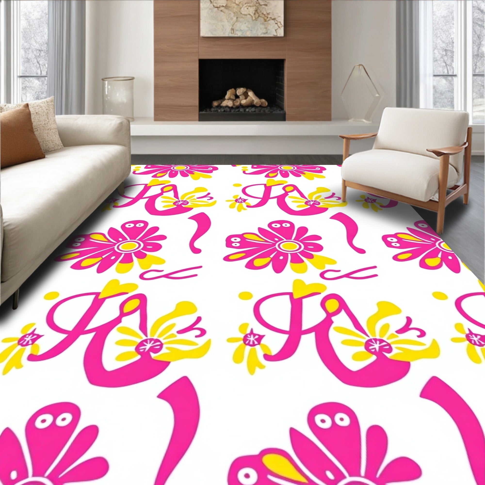 Whimsical Pink Yellow Floral Swirls Rug