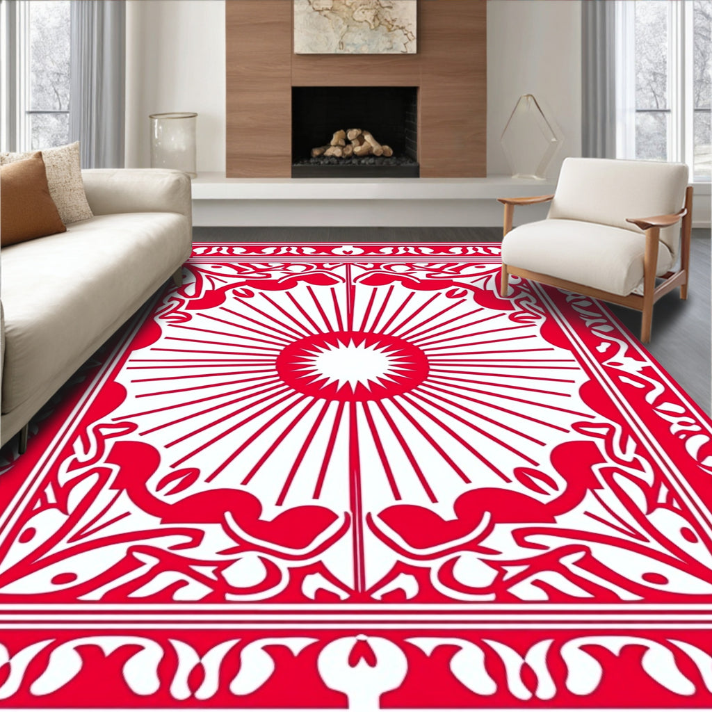 Crimson Sunburst Ornate Border Rug