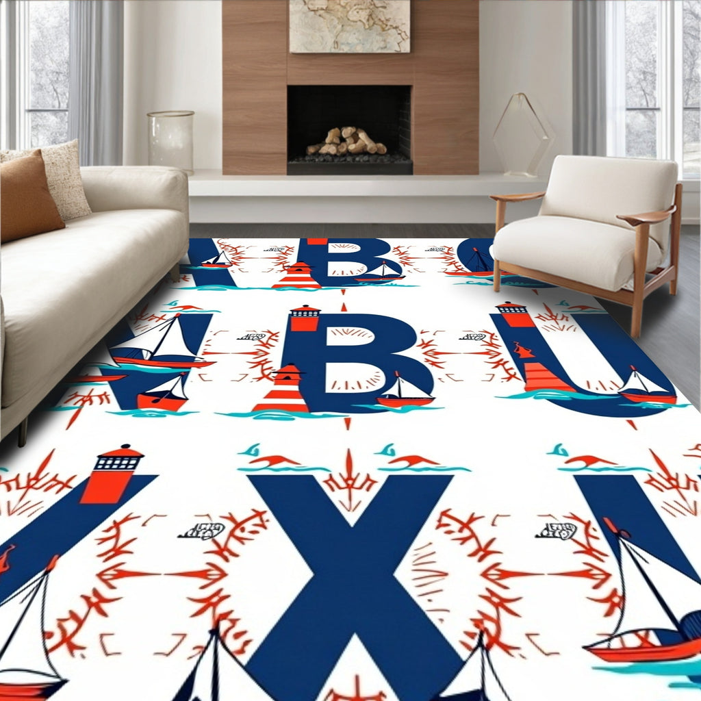 Nautical Ships Lighthouses Bold Blue Red Rug
