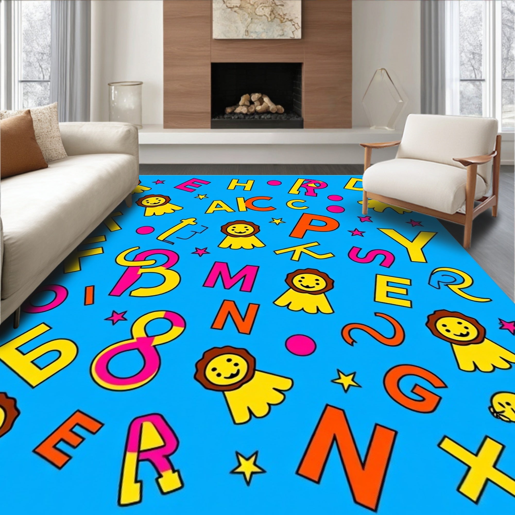 Alphabet Animals Orange Yellow Blue Rug