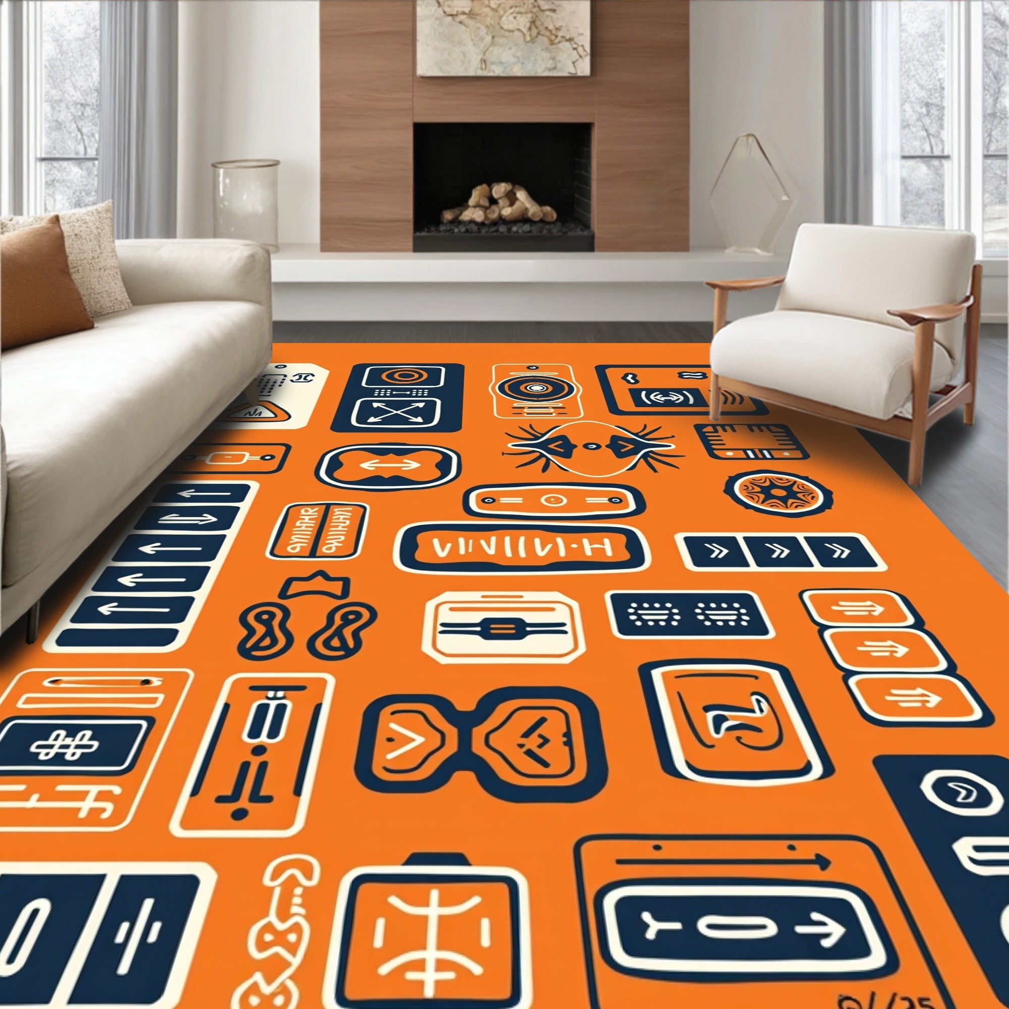 Abstract Graphic Symbols Navy Cream Rug