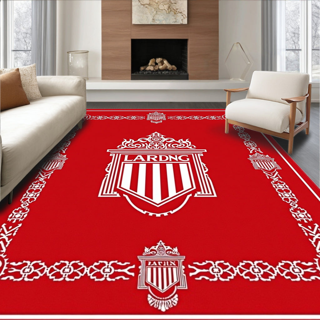 Bold Red Striped Emblem Border Rug