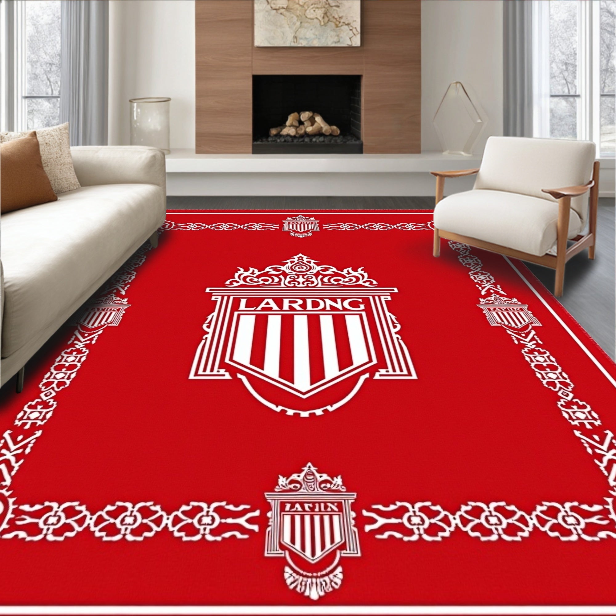 Bold Red Striped Emblem Border Rug