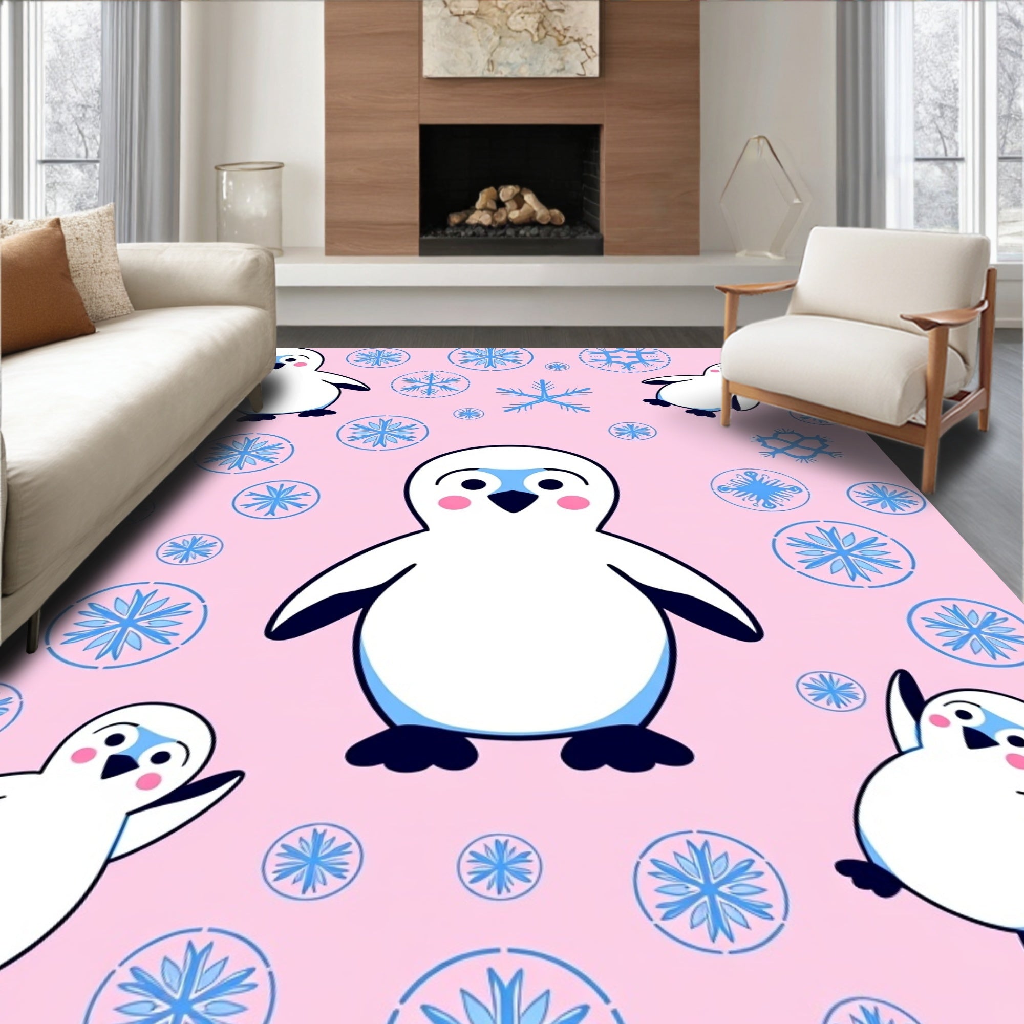 Playful Pink Penguin Snowflake Sprinkle Rug