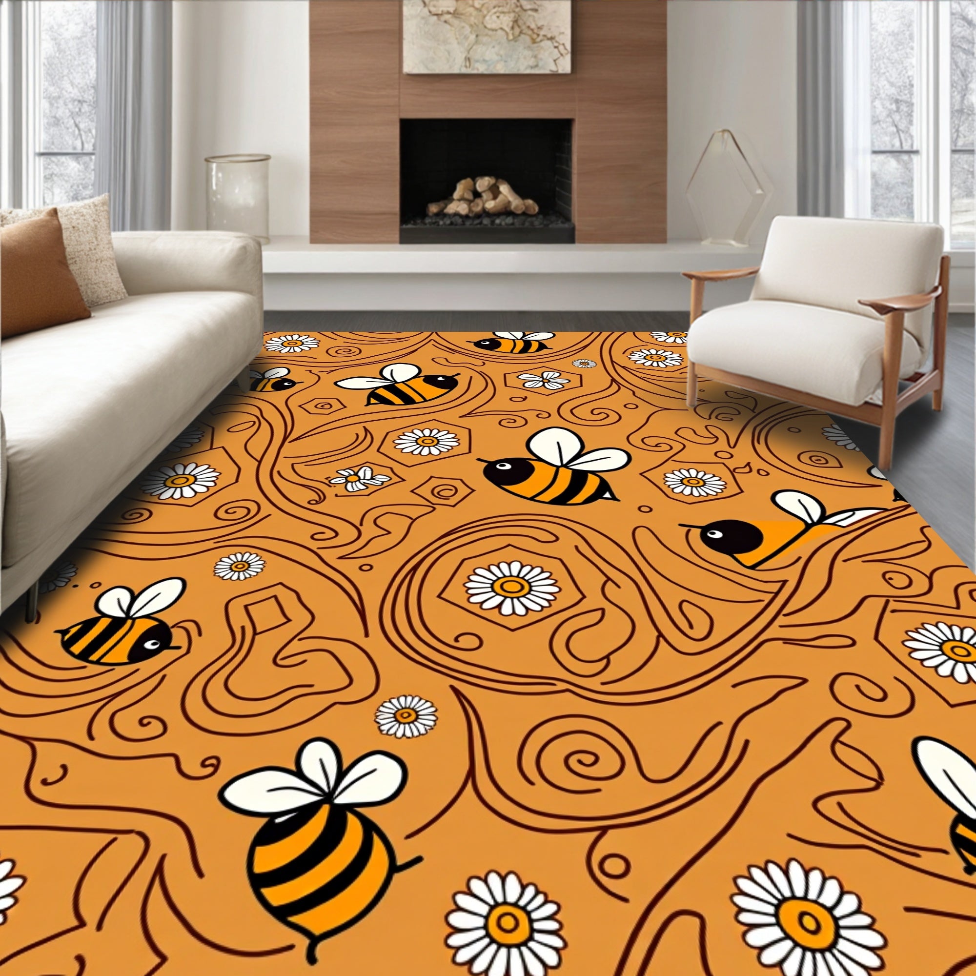 Golden Bee Daisy Swirls Rug