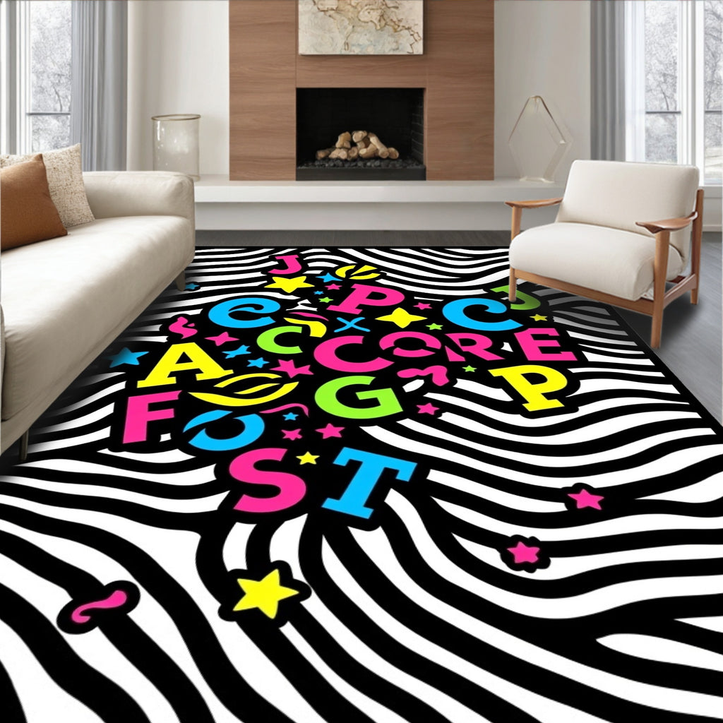 Neon Alphabet Stars Zebra Stripes Rug