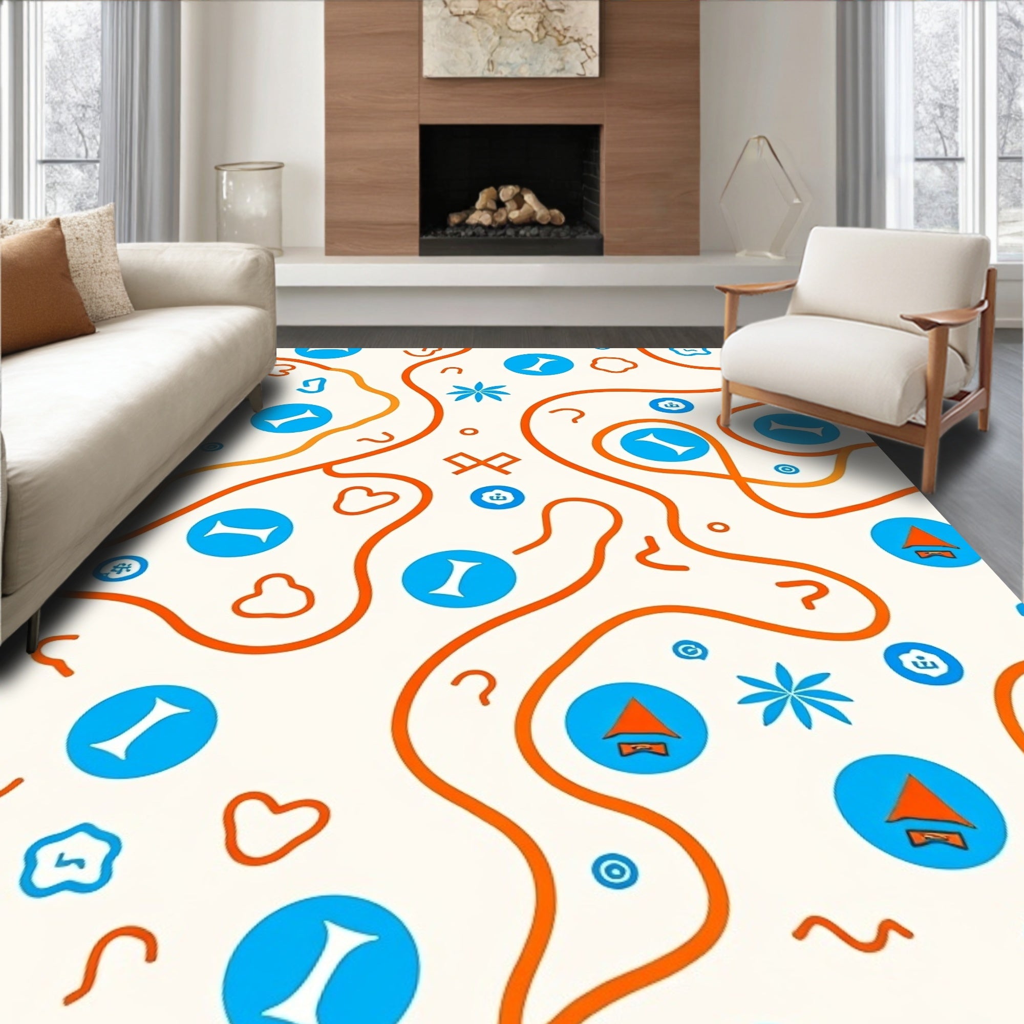 Mid-Century Orange Blue Abstract Shapes Rug