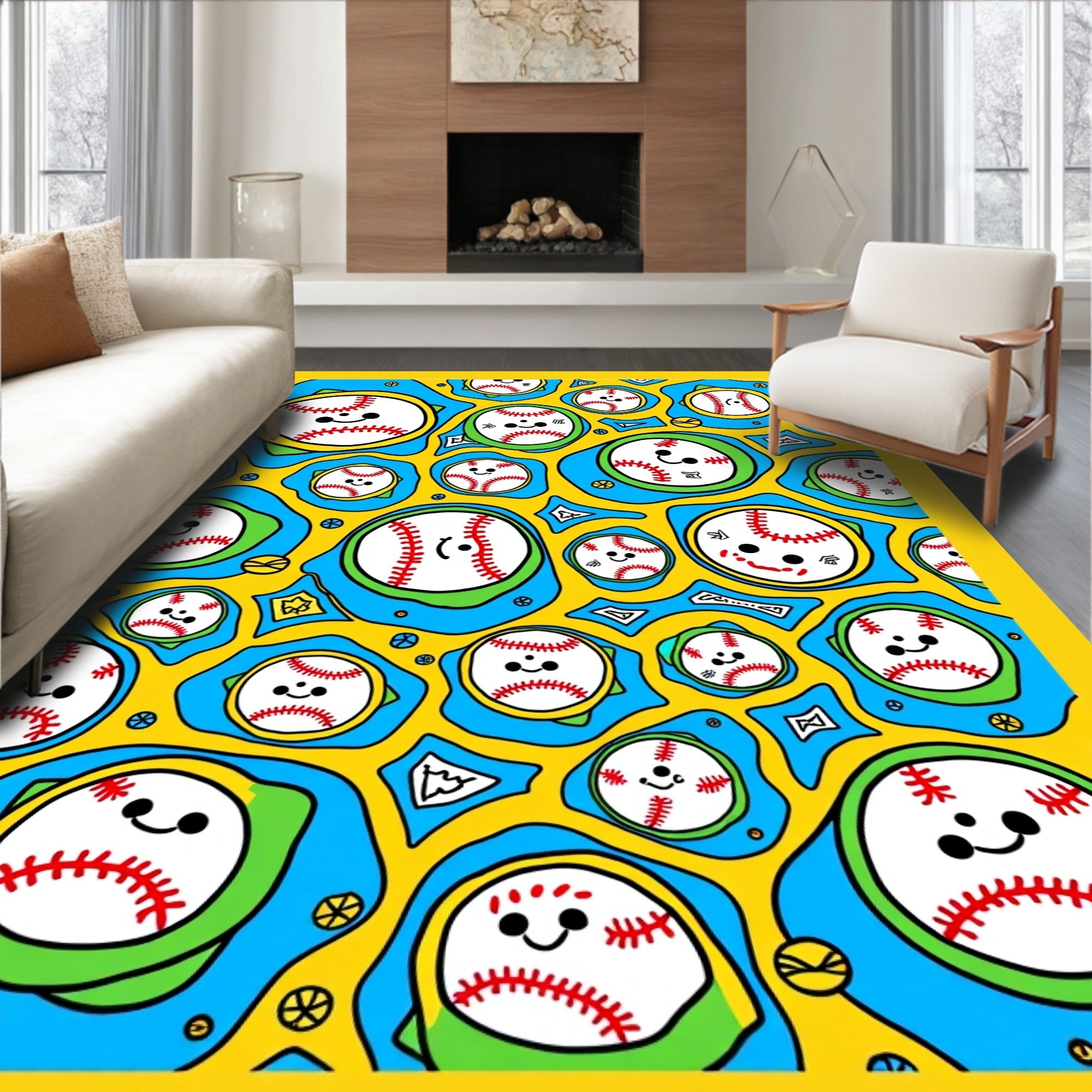 Whimsical Happy Baseball Collage Rug