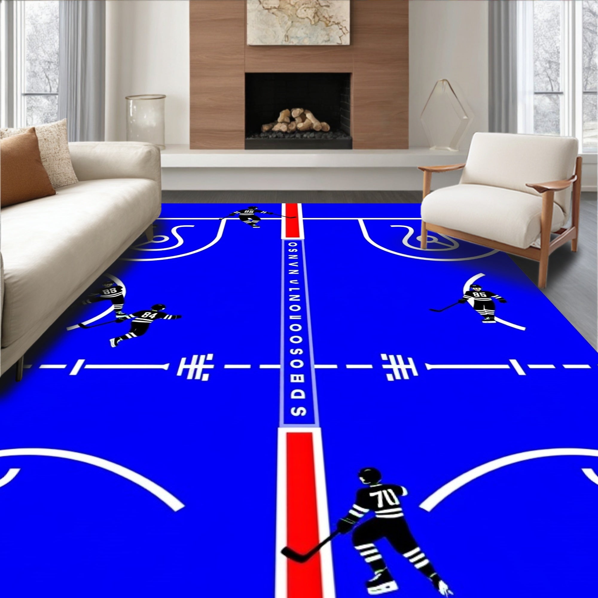 Blue hockey players on ice Rug