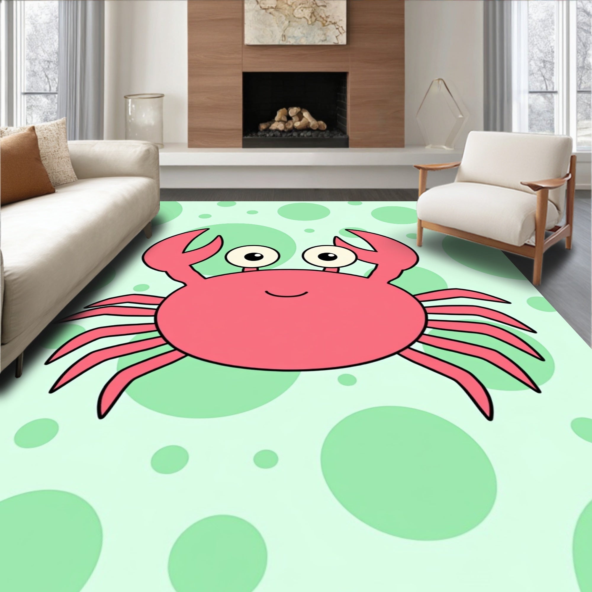 Whimsical Coral Crab Bubble Background Rug