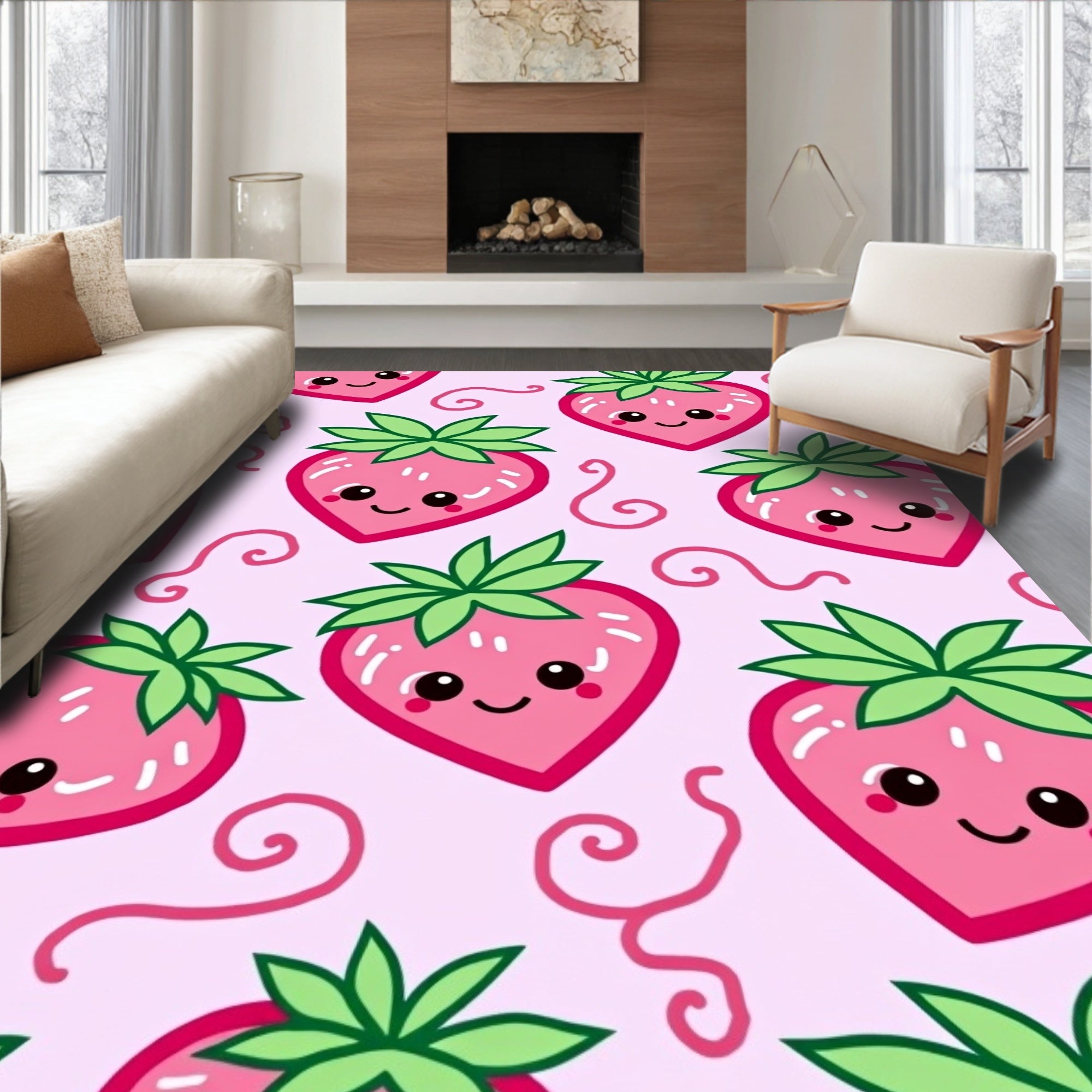 Kawaii Pink Strawberry Swirls Rug