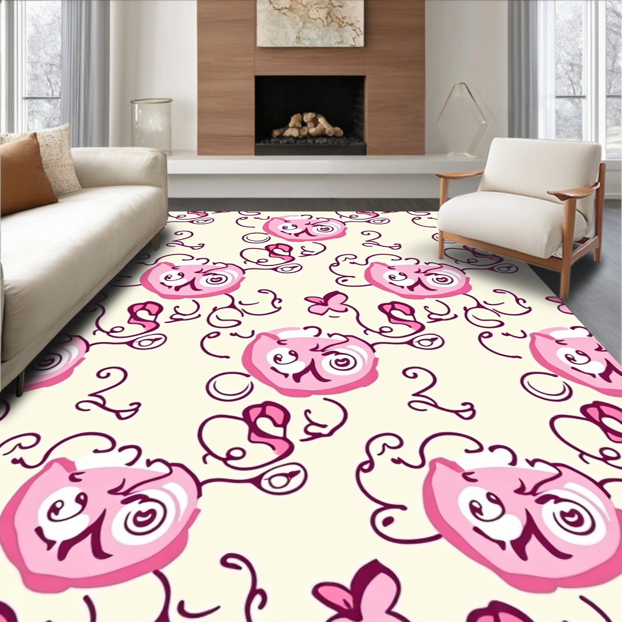 Pink Whimsical Floral Swirl Rug