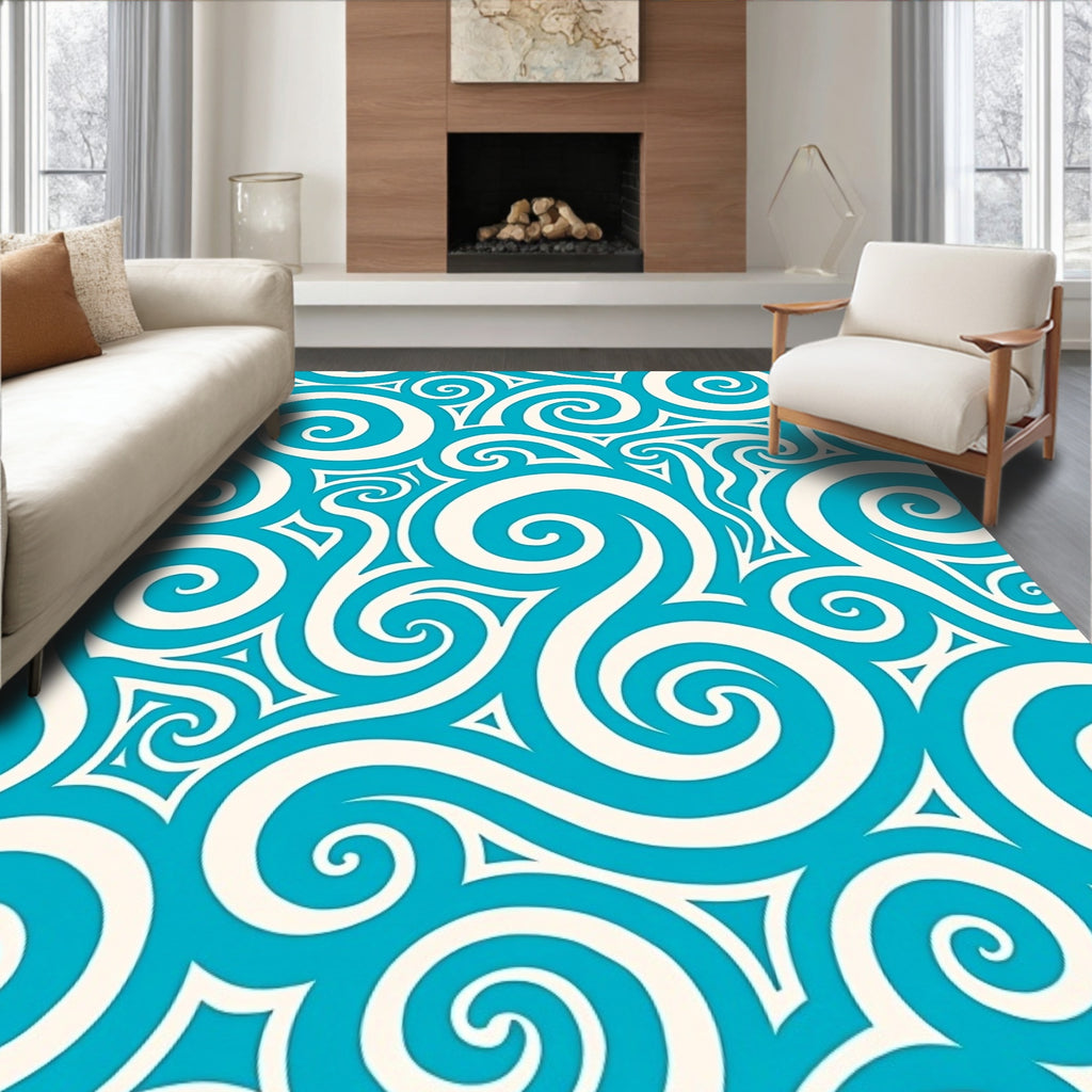 Deep Teal Swirl Fluid Waves Rug
