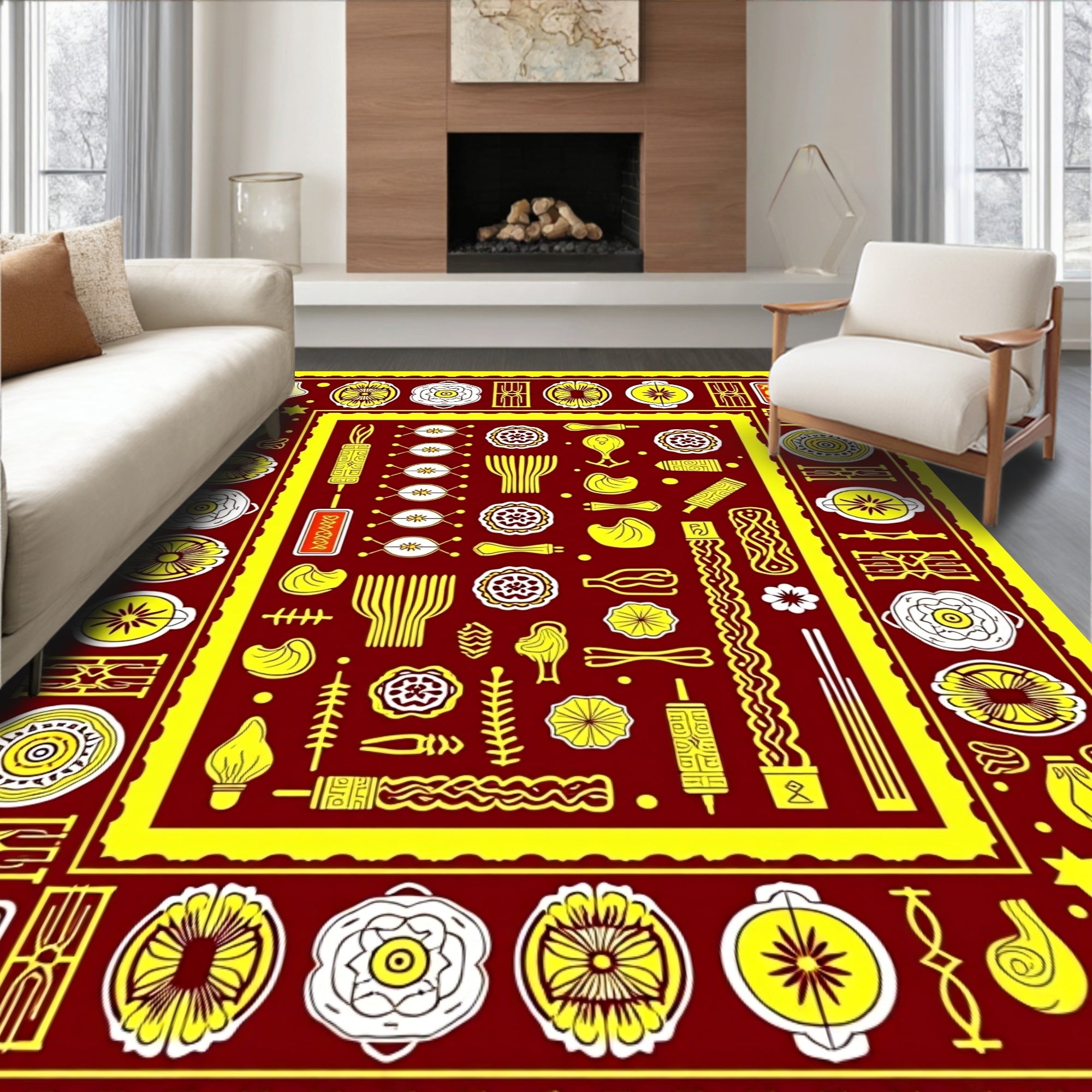 Crimson and Yellow Folk Art Medley Rug