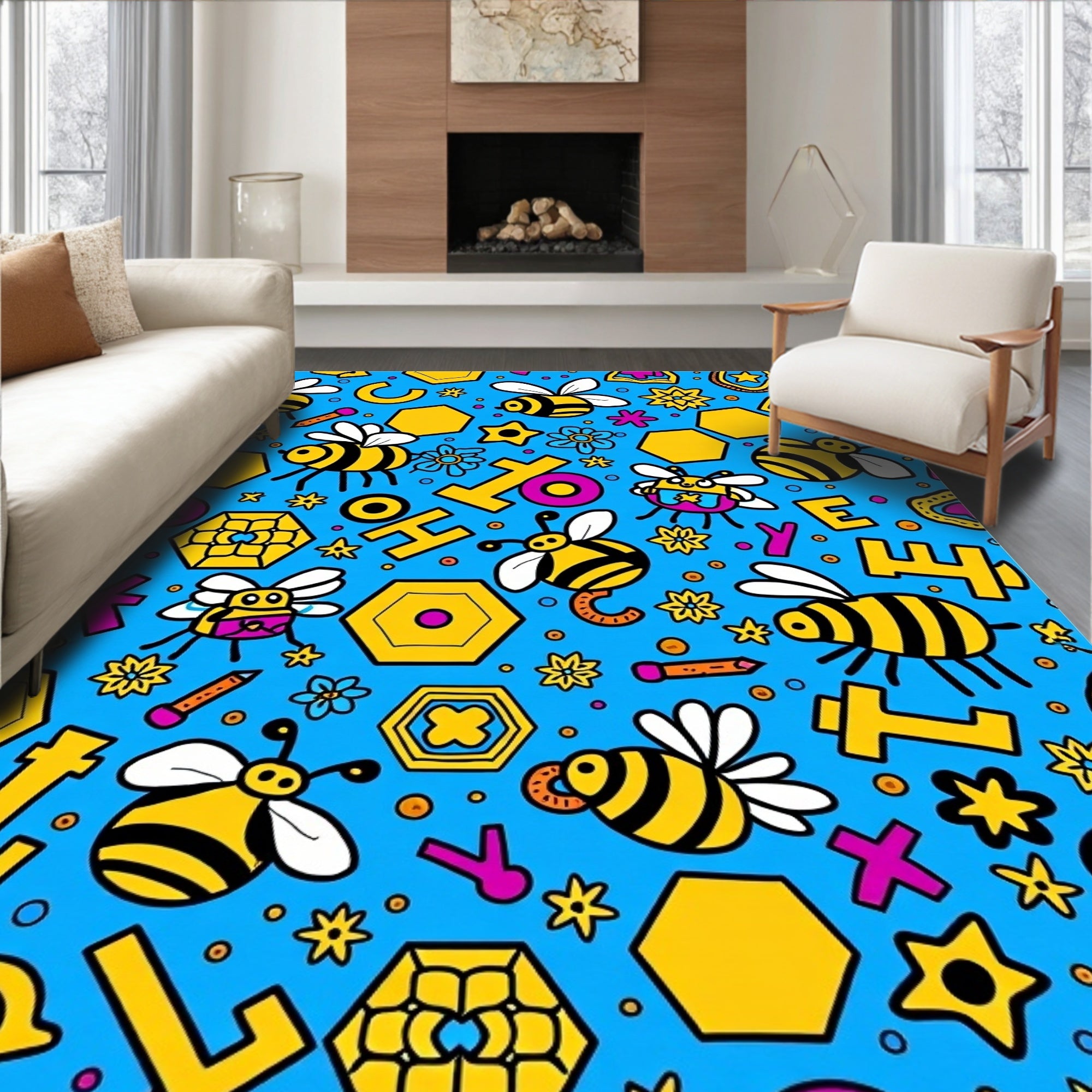 Whimsical Bee Hexagon Yellow Magenta Blue Rug