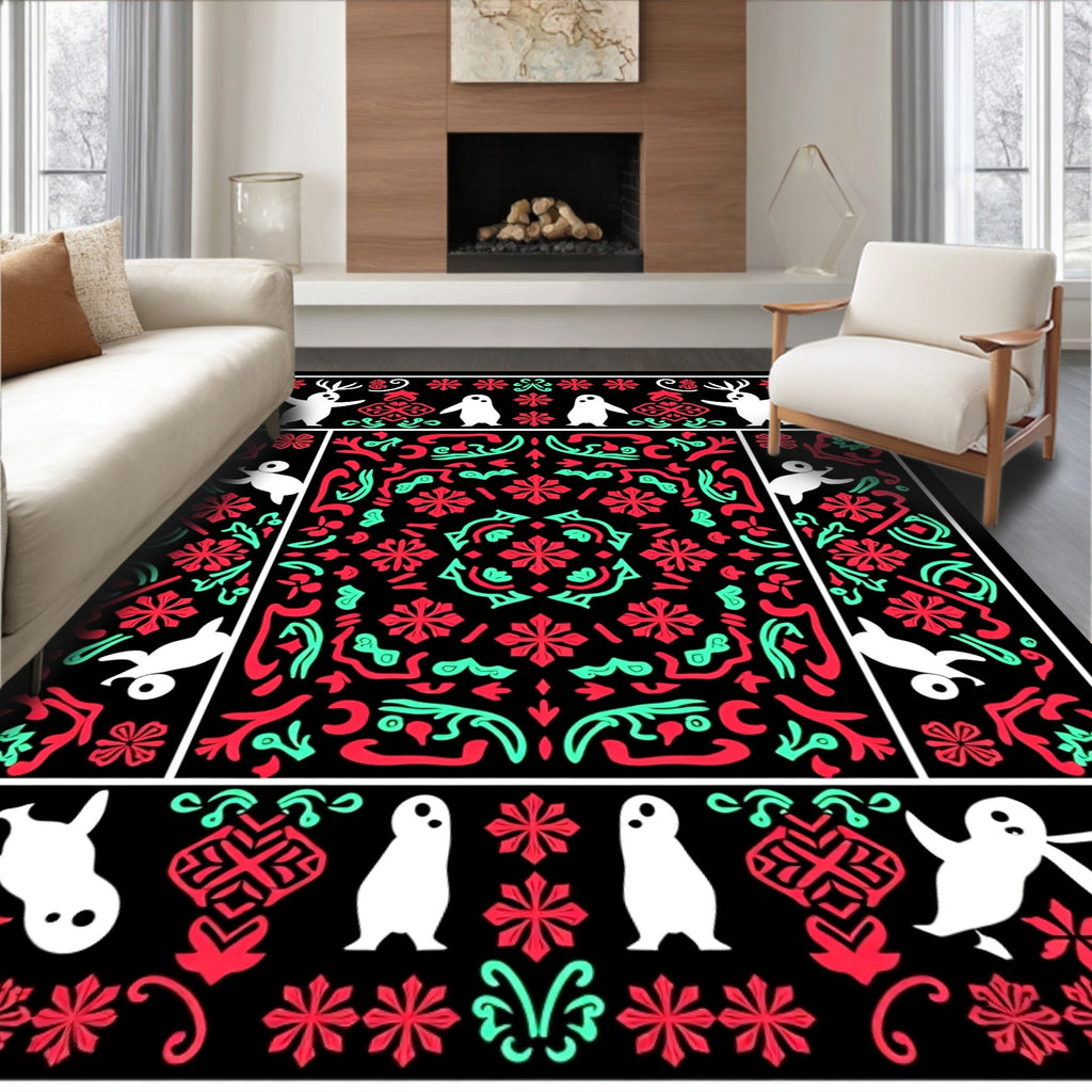 Whimsical White Creatures Red Teal Medallion Rug
