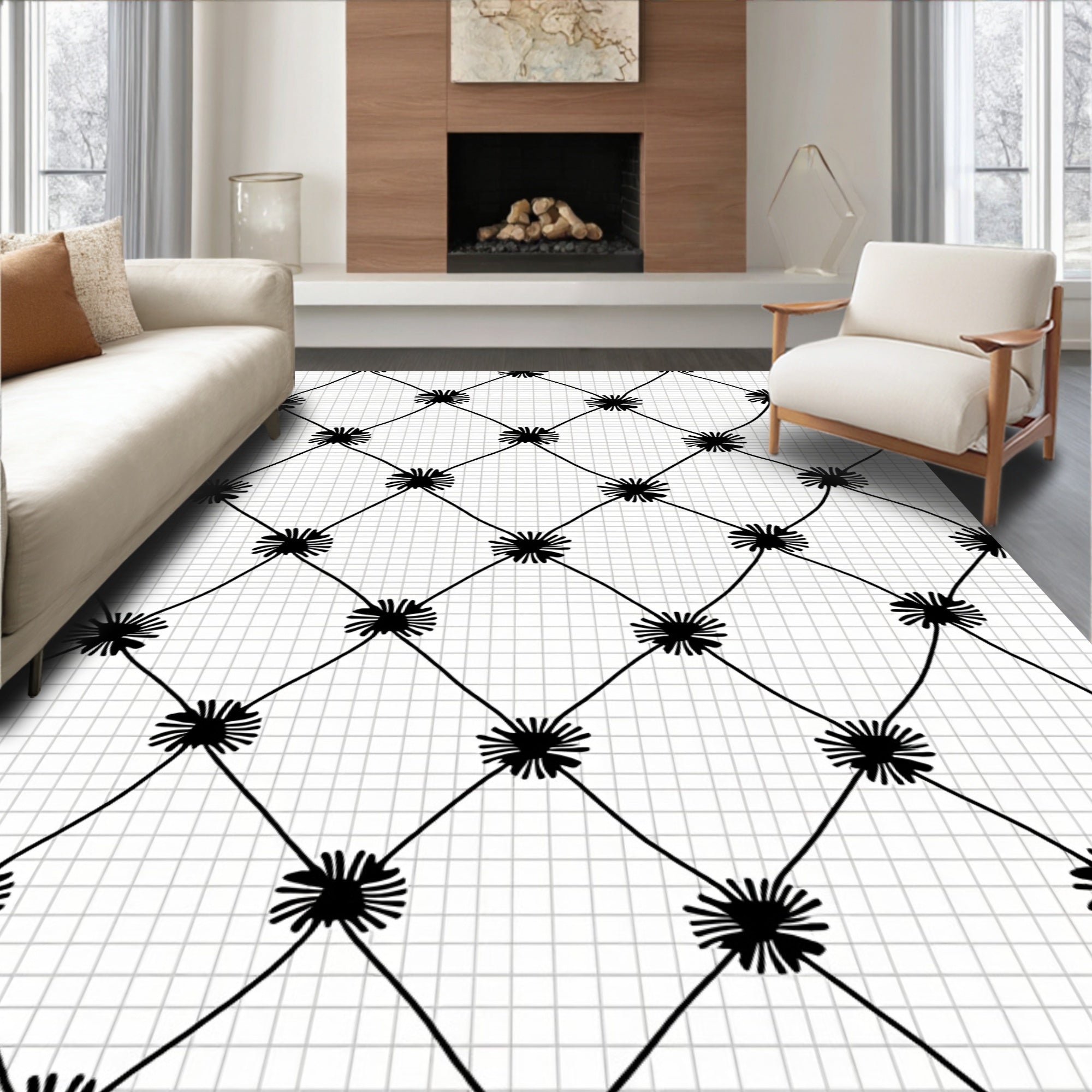 Black Radial Star Diamond Grid Rug