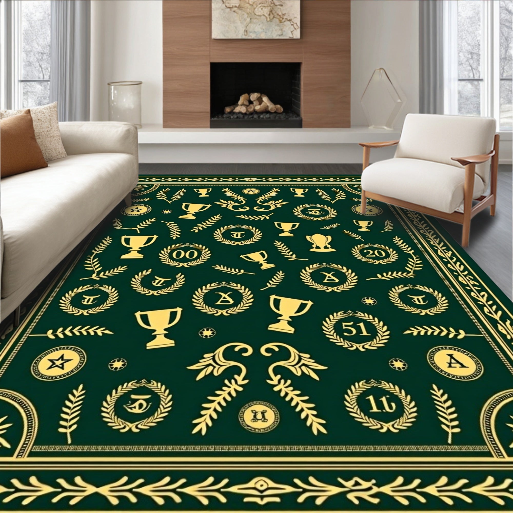 Green and Gold Trophy Laurel Wreath Rug