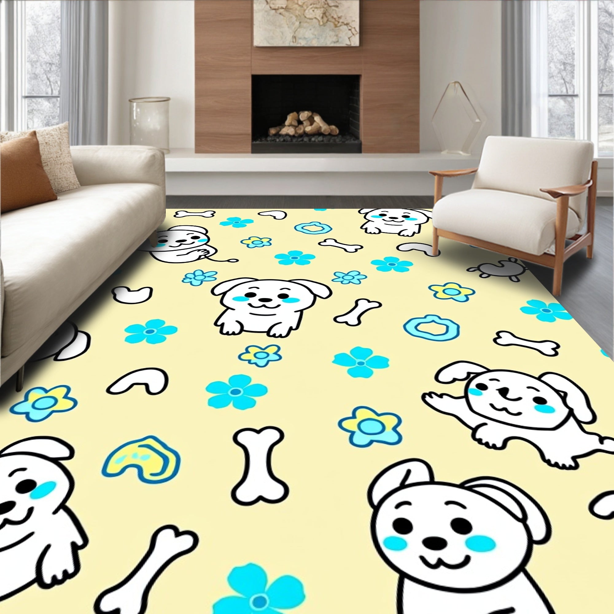 Playful White Puppies Blue Flowers Yellow Cream Rug