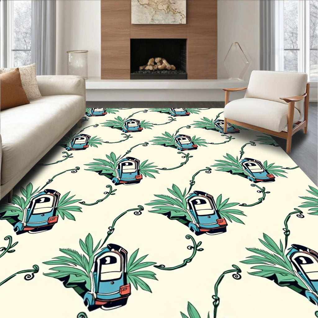 Automobile And Tropical Leaves Repeating Rug