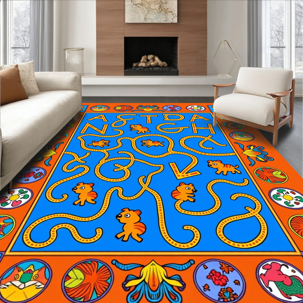 Bright Orange Blue Tiger Maze Rug
