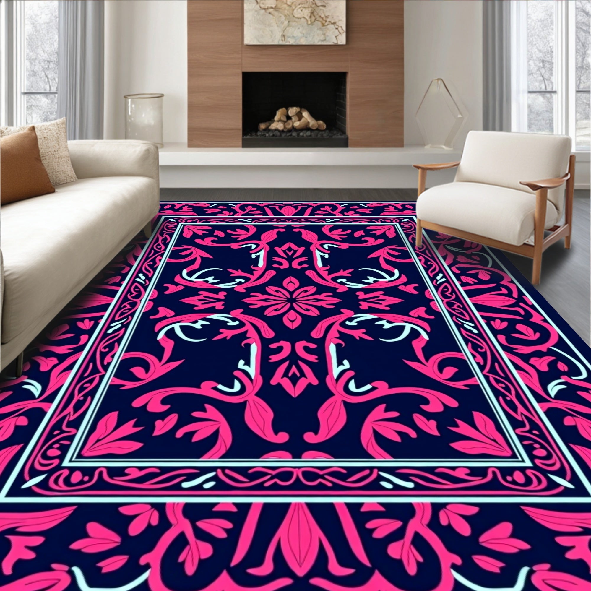 Fuchsia Baroque Floral Bordered Rug