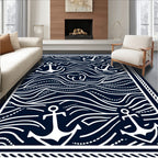 Dark Blue Nautical Anchor Waves Rug