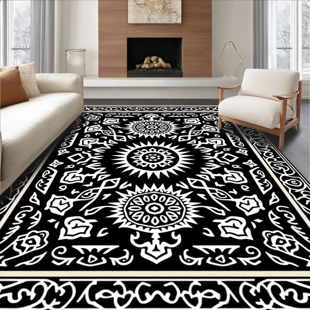 Black and White Sunburst Floral Medallion Rug