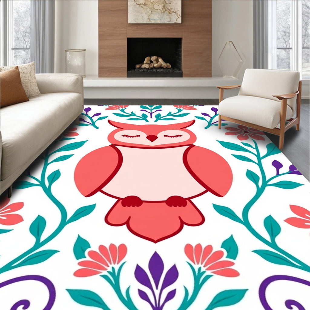 Coral Owl Floral Garden Rug